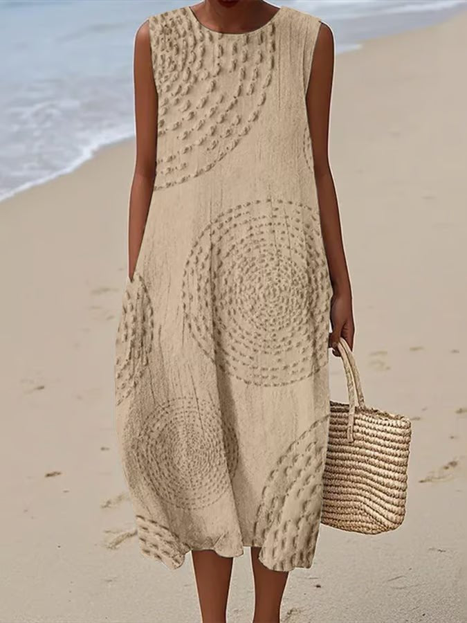 Embroidered Sleeveless Midi Dress A-Line Round Neck - Light Sand