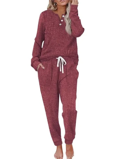 Ava | Women's Ribbed Button-Neck Long-Sleeve Loungewear Two-Piece Set