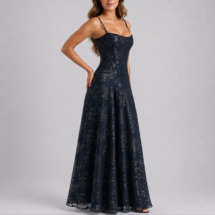 Fall Wedding Guest Dresses Floral Corset Maxi Dress - Navy