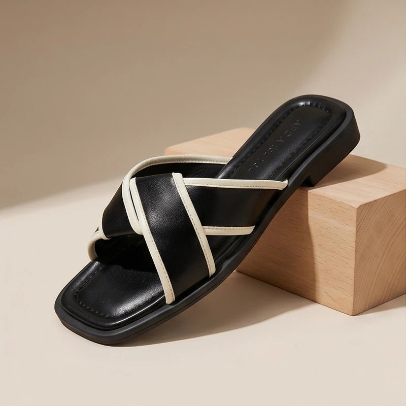 Fisherman Sandals Cross-Strap Slide Square Toe Cushioned - Black