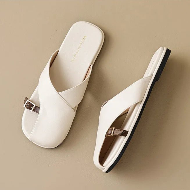 Fisherman Sandals Leather Cross-Strap Slides Square Toe