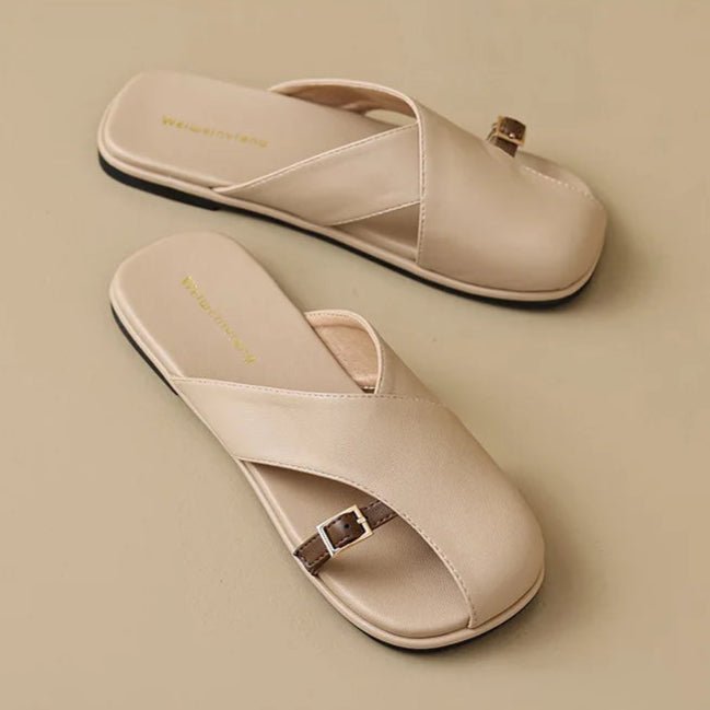 Fisherman Sandals Leather Cross-Strap Slides Square Toe