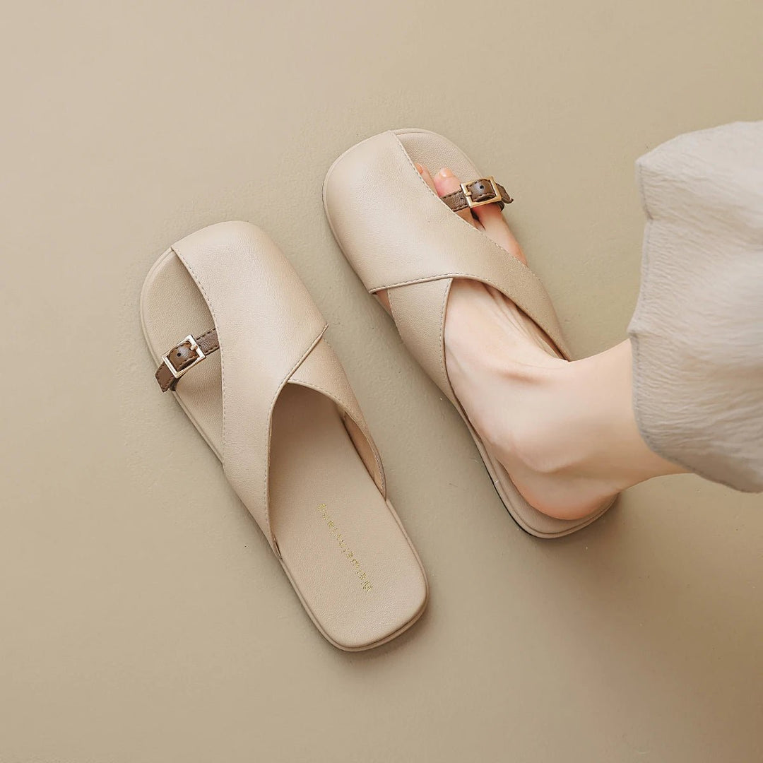 Fisherman Sandals Leather Cross-Strap Slides Square Toe - Khaki