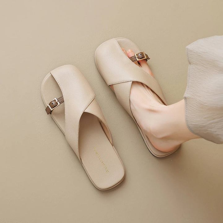 Fisherman Sandals Leather Cross-Strap Slides Square Toe - Khaki