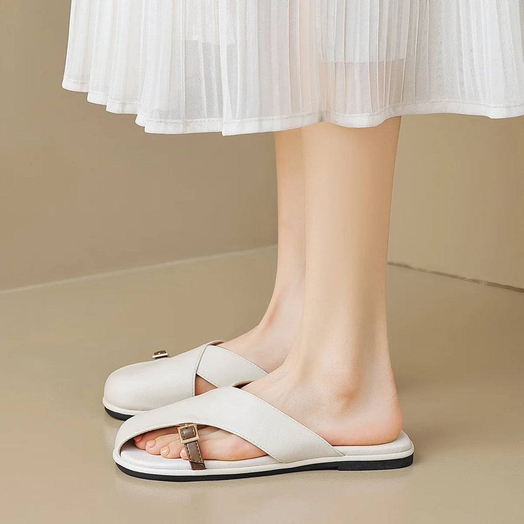 Fisherman Sandals Leather Cross-Strap Slides Square Toe