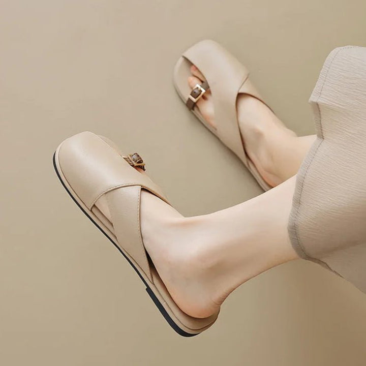 Fisherman Sandals Leather Cross-Strap Slides Square Toe