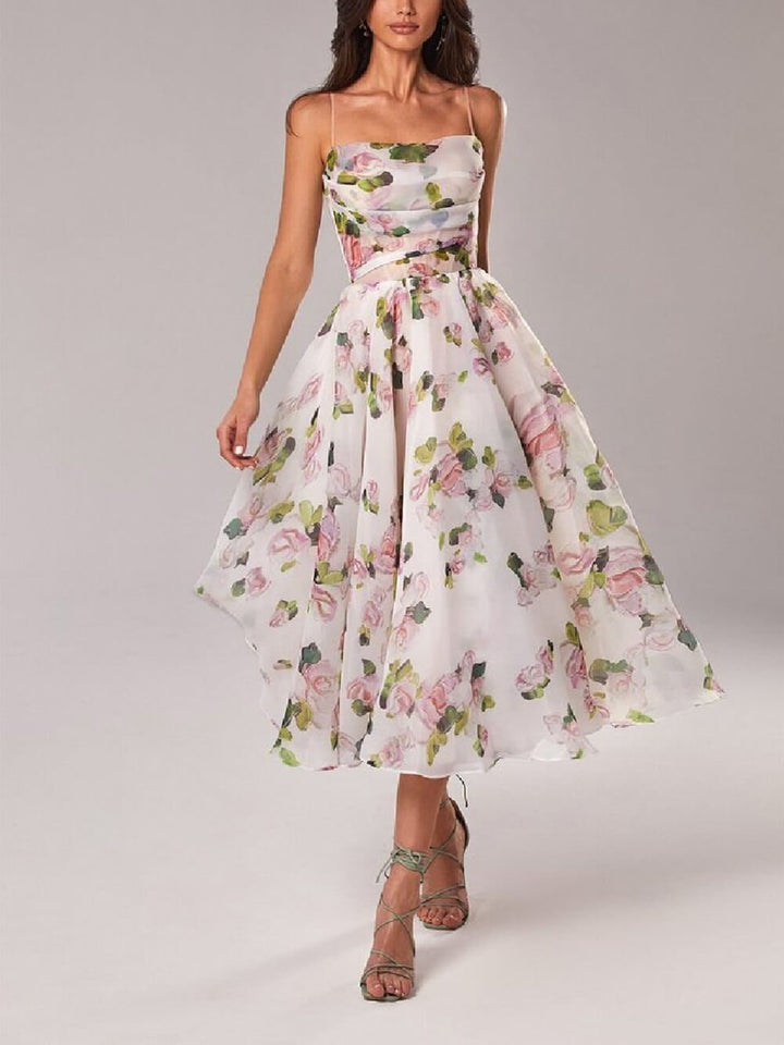 Floral A-Line Midi Dress Spaghetti Strap Draped Neckline - Pink