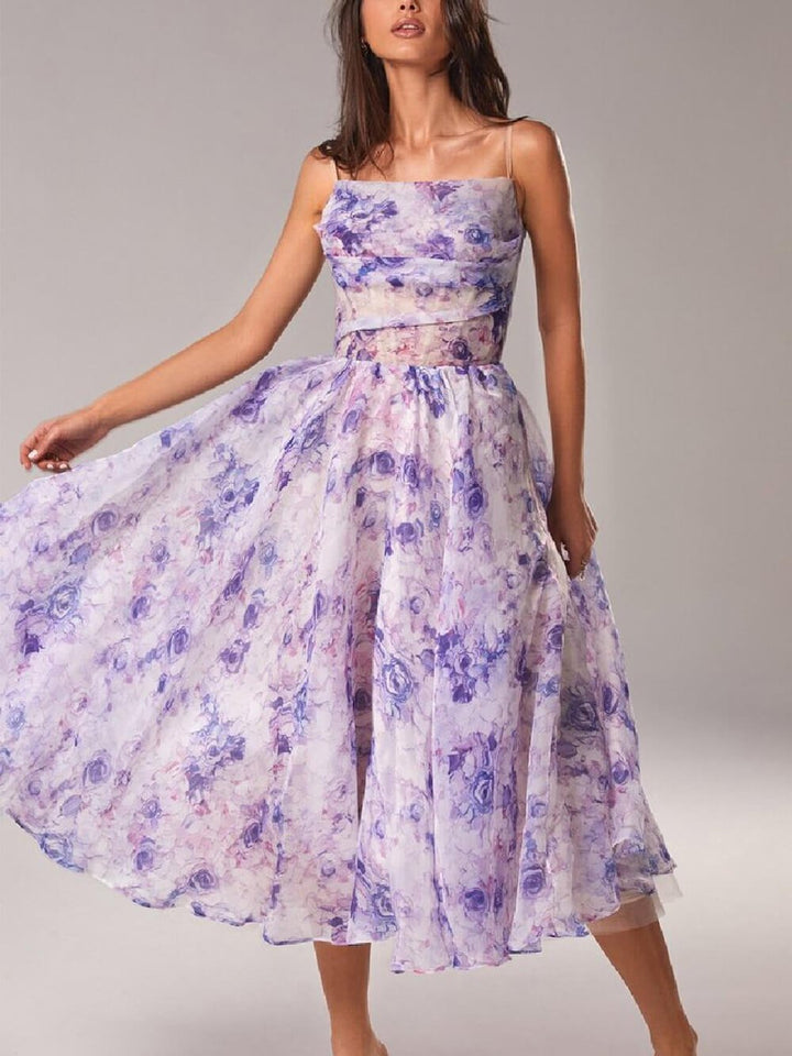 Floral A-Line Midi Dress Spaghetti Strap Draped Neckline - Purple