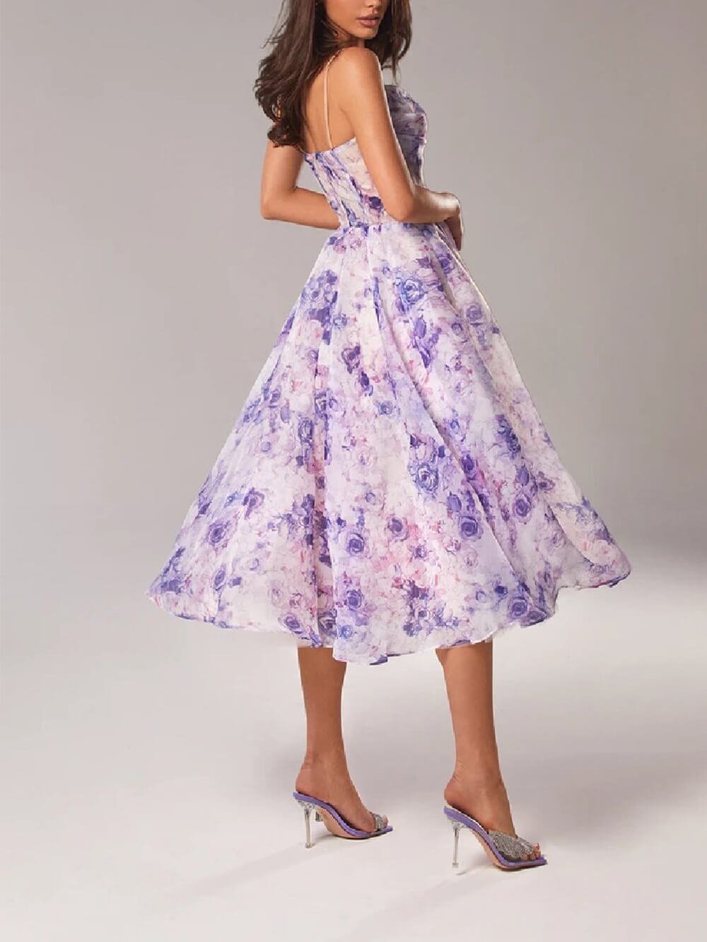 Floral A-Line Midi Dress Spaghetti Strap Draped Neckline