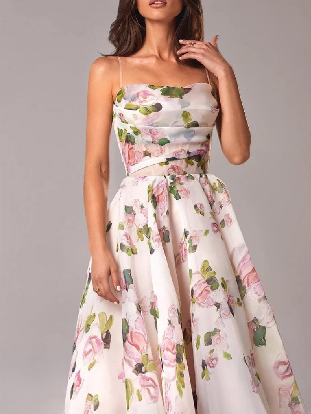 Floral A-Line Midi Dress Spaghetti Strap Draped Neckline