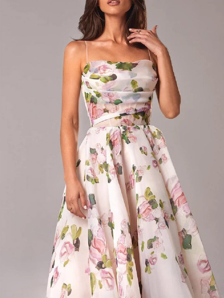 Floral A-Line Midi Dress Spaghetti Strap Draped Neckline