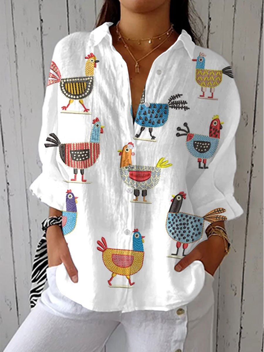 Hen Print Blouse Button Front Long Sleeve - Multicolor