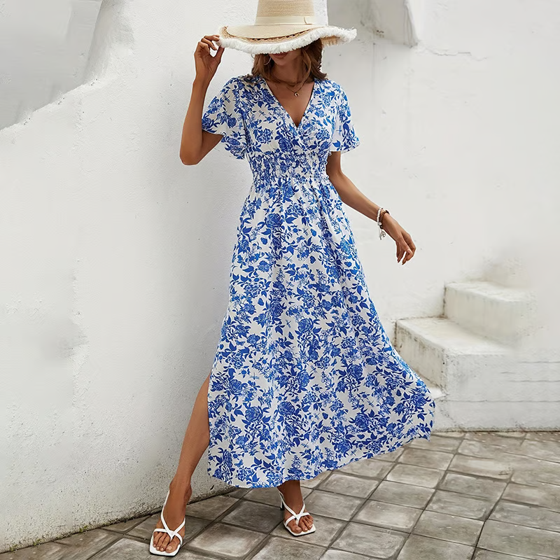 Bianca | Women's Boho Printed V Neck Short Sleeve Maxi Dress
