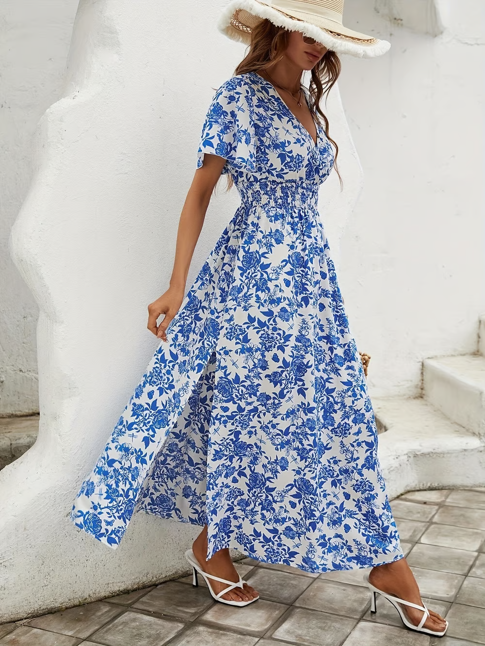 Bianca | Women's Boho Printed V Neck Short Sleeve Maxi Dress