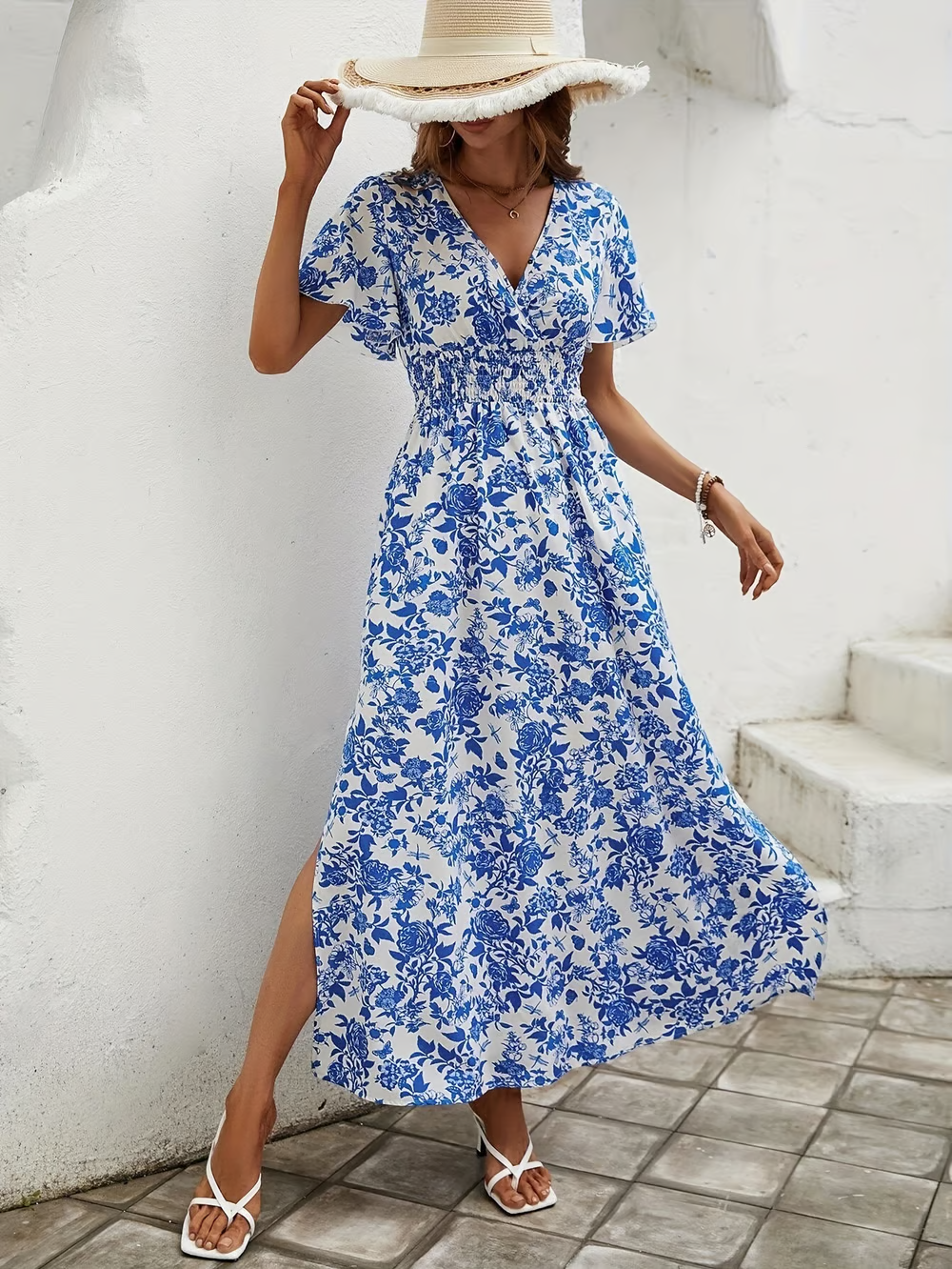 Bianca | Women's Boho Printed V Neck Short Sleeve Maxi Dress