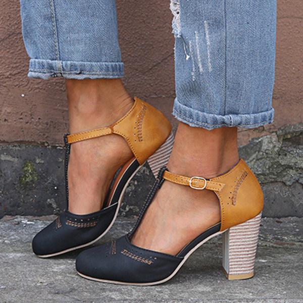 Harper | Women Vintage Contrast T Strap Block Heels