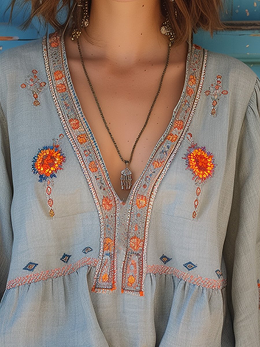 Violet | Women Bohemian Embroidered V Neck Blouse