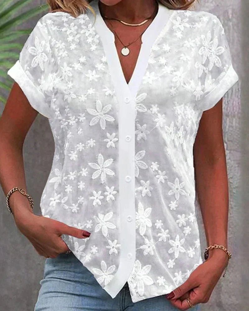 Lace Embroidered Blouse V-Neck Short Sleeve - White