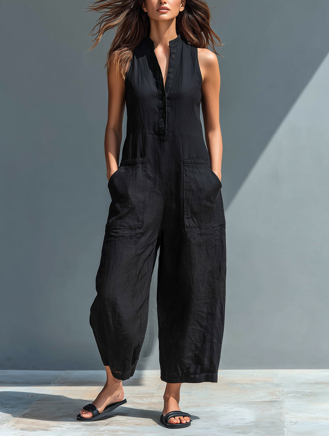 Linen Blend Jumpsuit Stand Collar Button-Up Sleeveless - Black