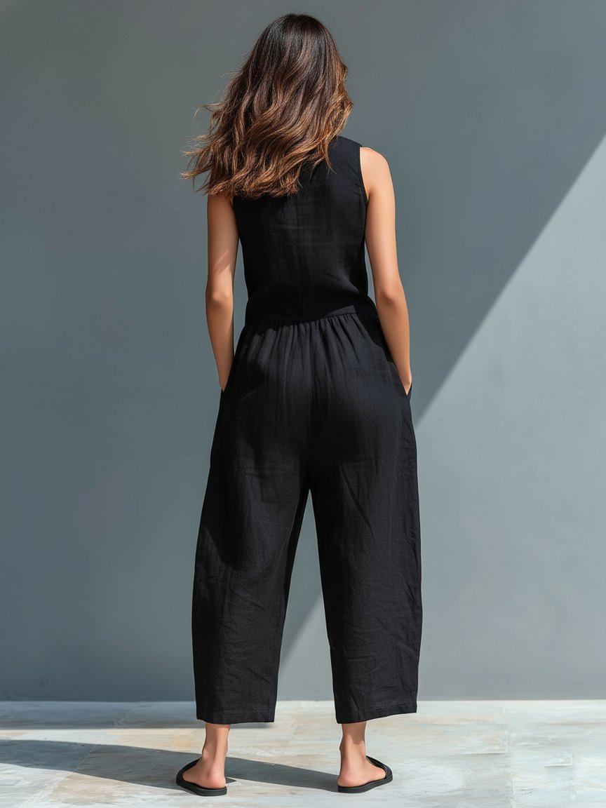 Linen Blend Jumpsuit Stand Collar Button-Up Sleeveless