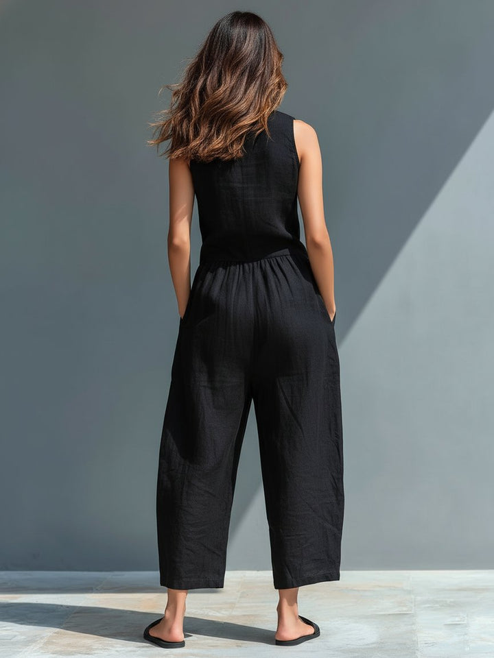 Linen Blend Jumpsuit Stand Collar Button-Up Sleeveless