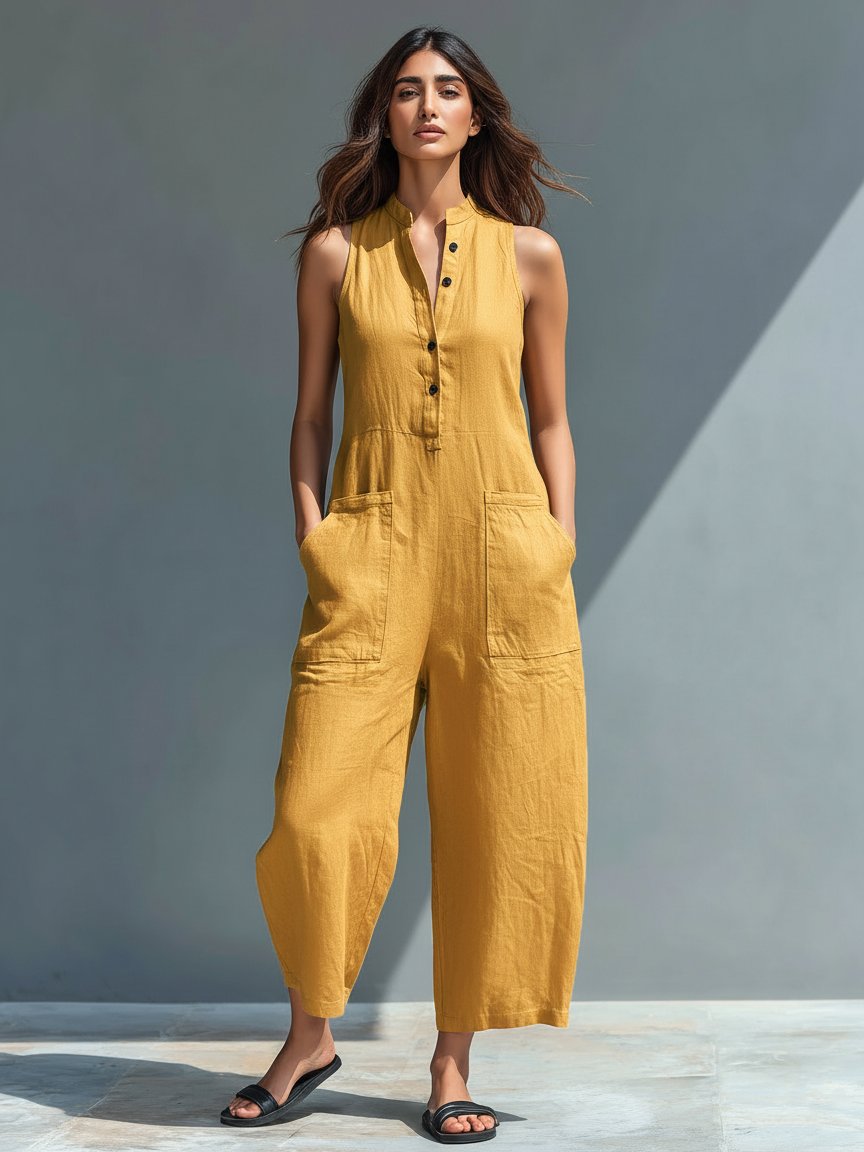 Linen Blend Jumpsuit Stand Collar Button-Up Sleeveless - Yellow
