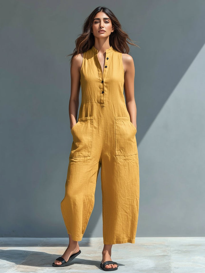 Linen Blend Jumpsuit Stand Collar Button-Up Sleeveless - Yellow
