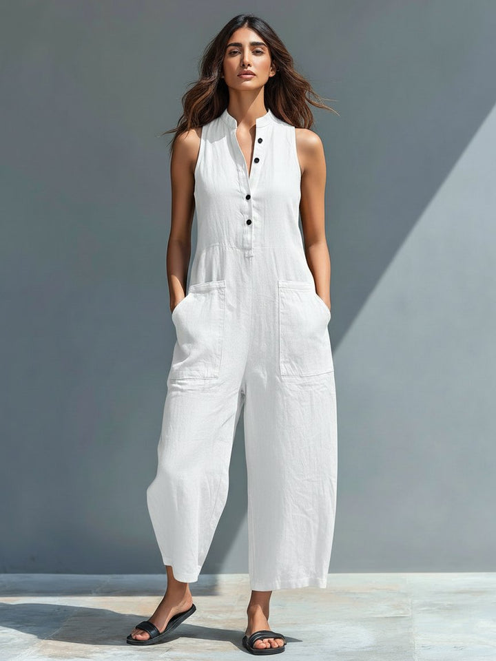 Linen Blend Jumpsuit Stand Collar Button-Up Sleeveless - White
