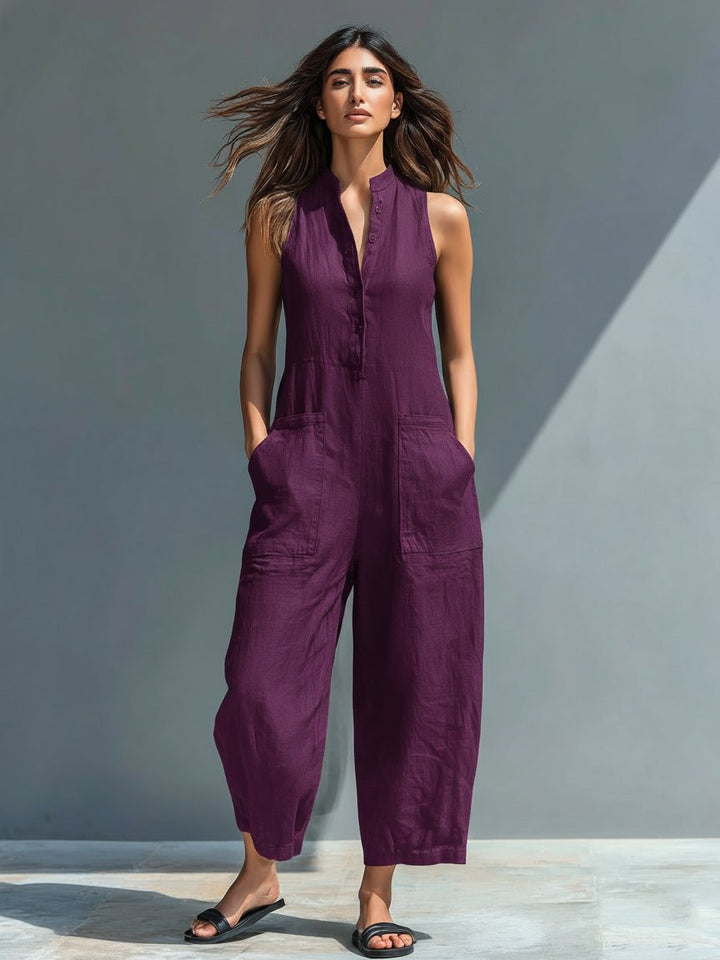 Linen Blend Jumpsuit Stand Collar Button-Up Sleeveless - Purple