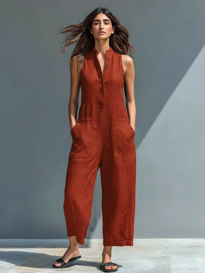 Linen Blend Jumpsuit Stand Collar Button-Up Sleeveless - Rust Red