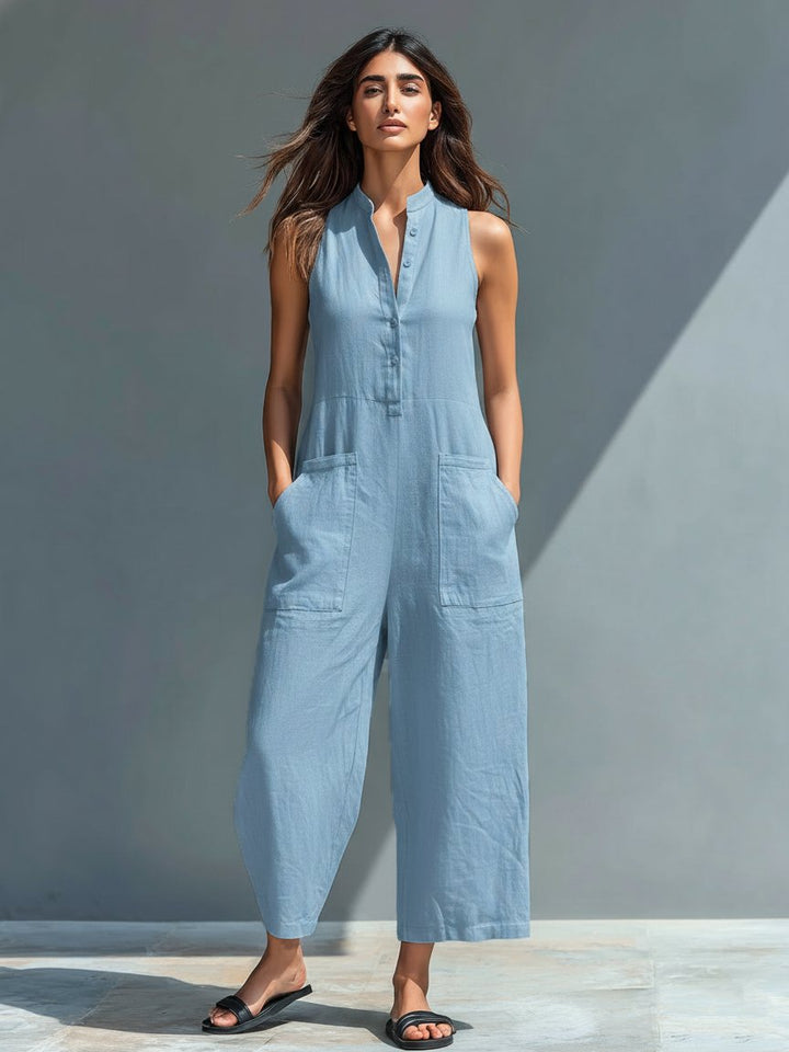 Linen Blend Jumpsuit Stand Collar Button-Up Sleeveless - Blue