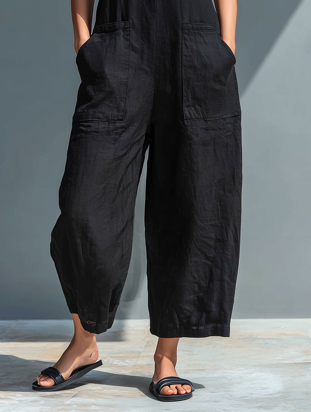 Linen Blend Jumpsuit Stand Collar Button-Up Sleeveless