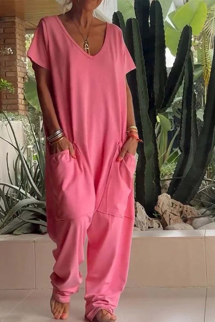 Linen Jumpsuit Oversized Short Sleeve V-Neck Wide Leg Pockets - Coral Pink