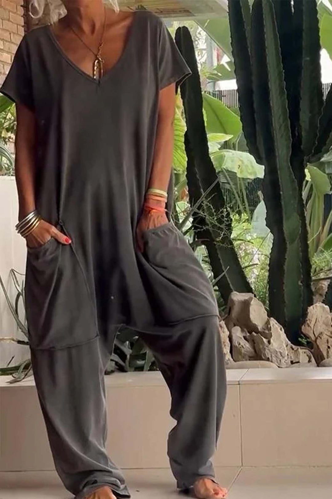 Linen Jumpsuit Oversized Short Sleeve V-Neck Wide Leg Pockets - Stone Gray