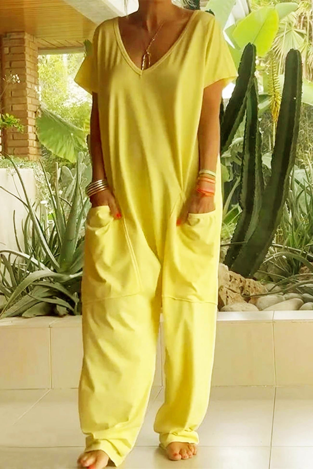 Linen Jumpsuit Oversized Short Sleeve V-Neck Wide Leg Pockets - Sunflower Yellow