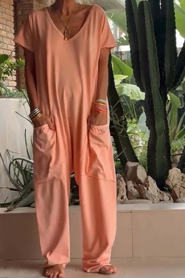 Linen Jumpsuit Oversized Short Sleeve V-Neck Wide Leg Pockets - Peach Orange