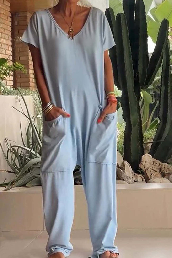 Linen Jumpsuit Oversized Short Sleeve V-Neck Wide Leg Pockets - Sky Blue