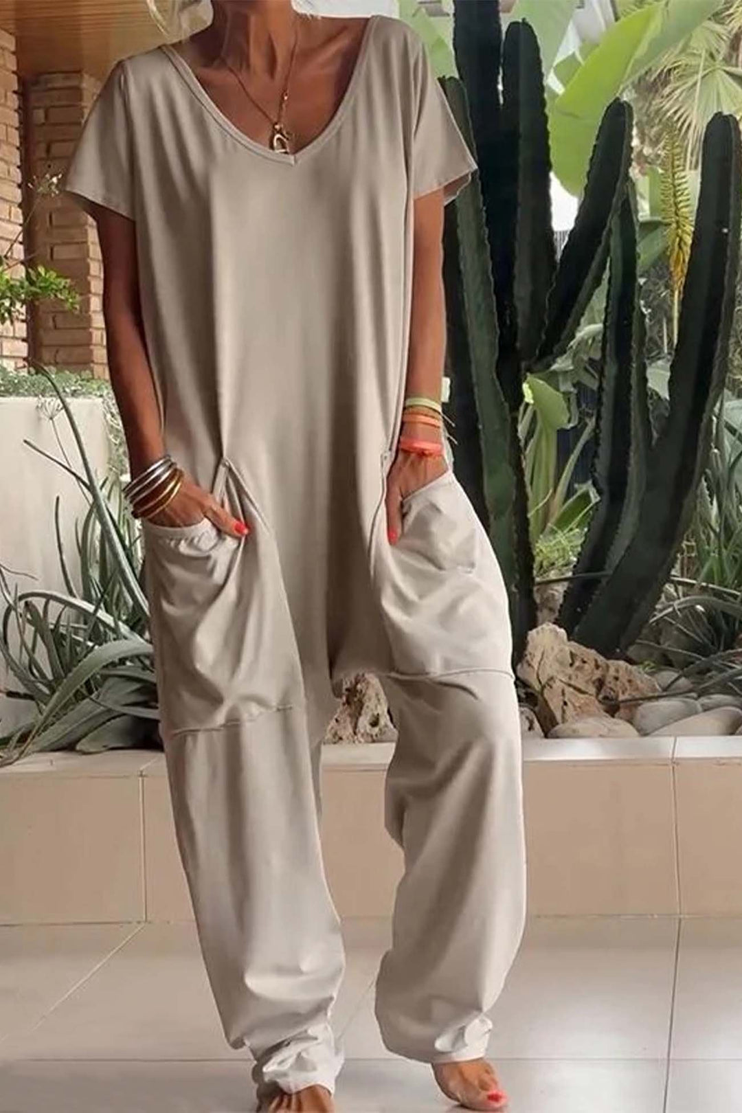 Linen Jumpsuit Oversized Short Sleeve V-Neck Wide Leg Pockets - Soft Beige
