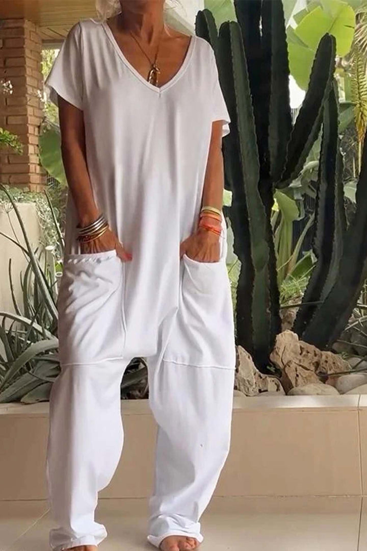 Linen Jumpsuit Oversized Short Sleeve V-Neck Wide Leg Pockets - Snow White