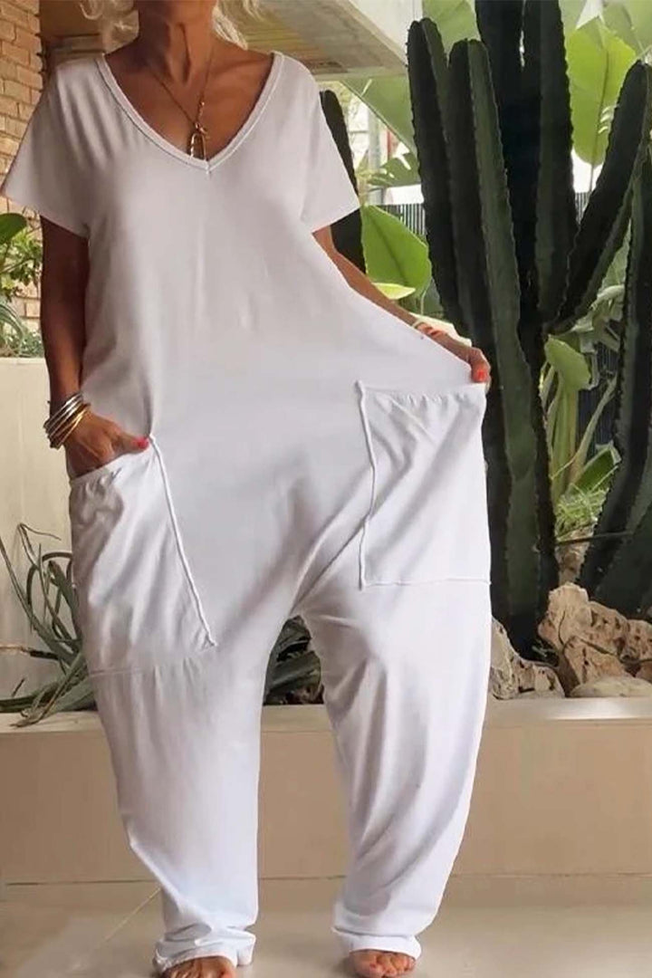 Linen Jumpsuit Oversized Short Sleeve V-Neck Wide Leg Pockets - Snow White
