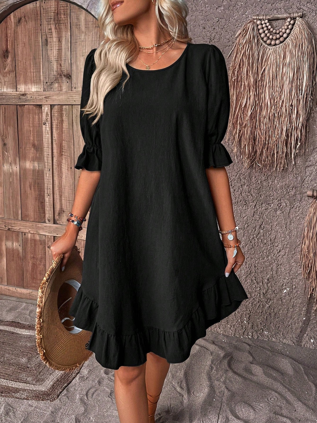 Linen Mini Dress Ruffle A-Line Puff Sleeves Summer - Black