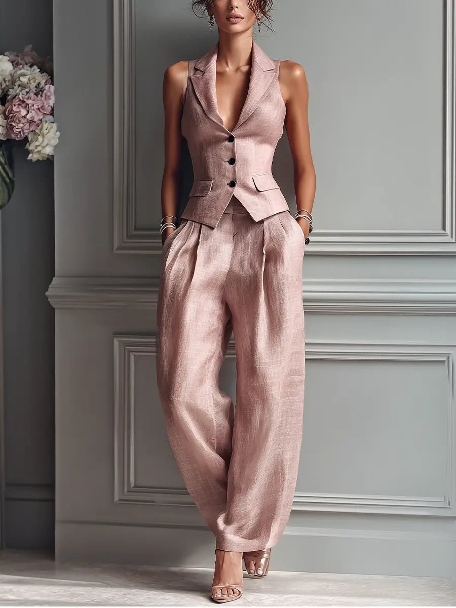 Linen Two-Piece Set Sleeveless Vest Wide-Leg Trousers