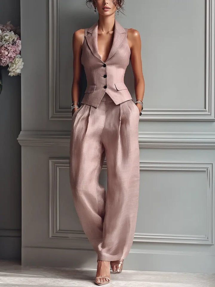 Linen Two-Piece Set Sleeveless Vest Wide-Leg Trousers - Blush Pink