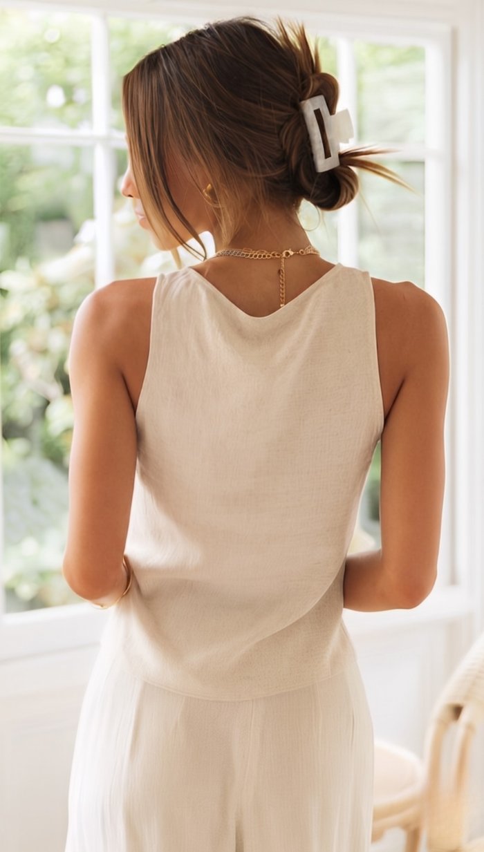 Linen Two Piece Set V-Neck Crop Top Wide Leg Trousers