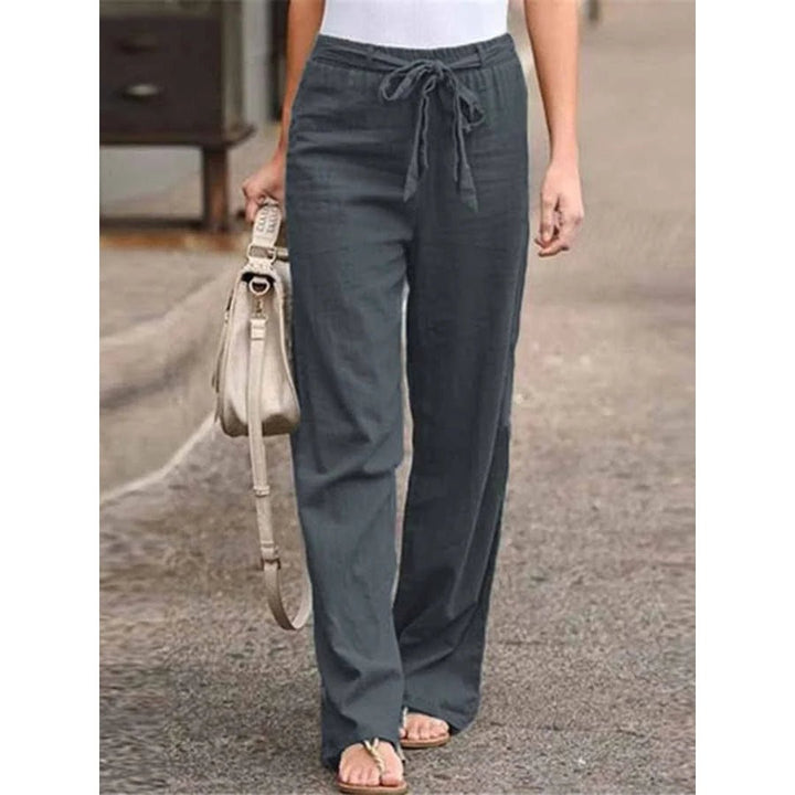 Linen Wide Leg Palazzo Trousers Drawstring Waist - Gray