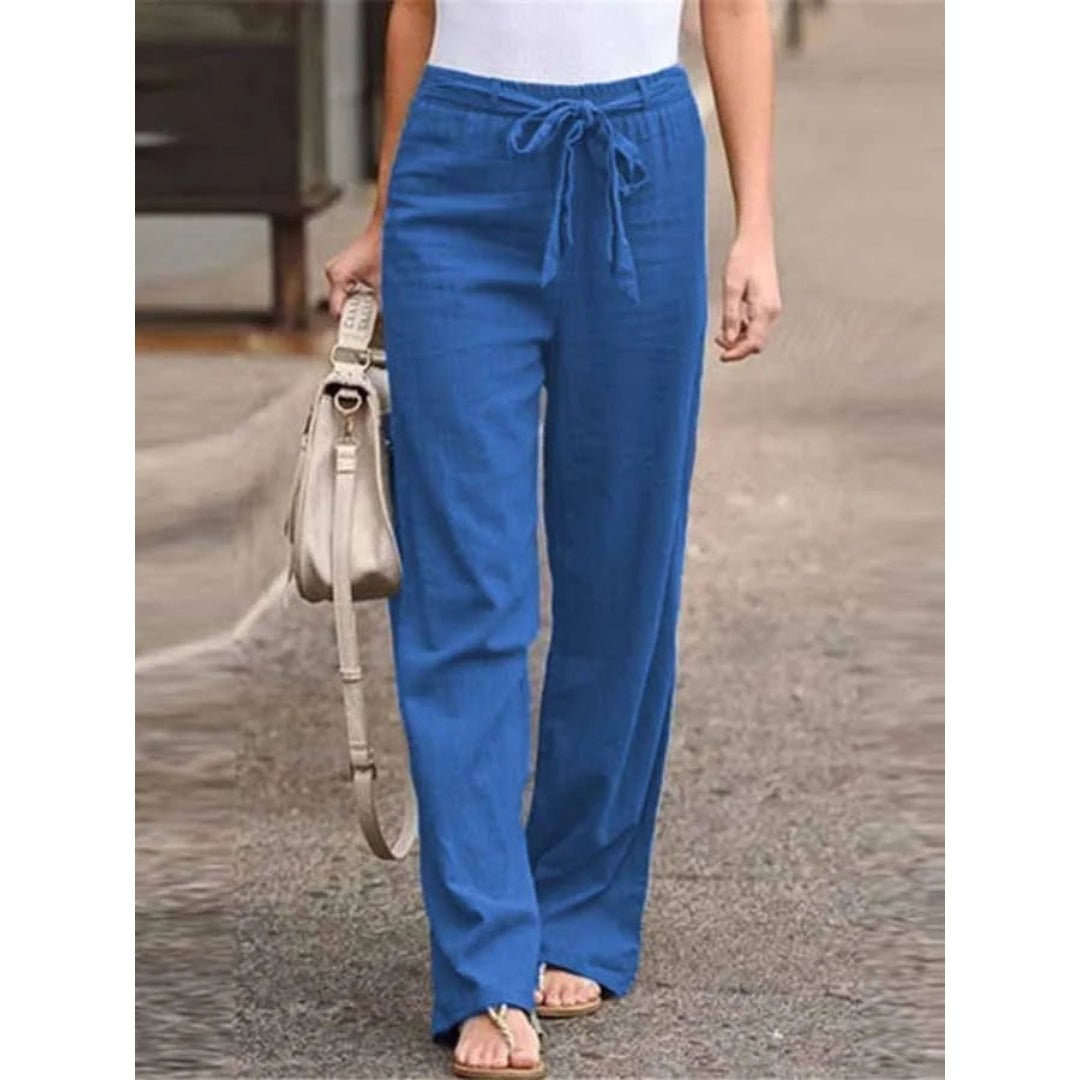 Linen Wide Leg Palazzo Trousers Drawstring Waist - Blue