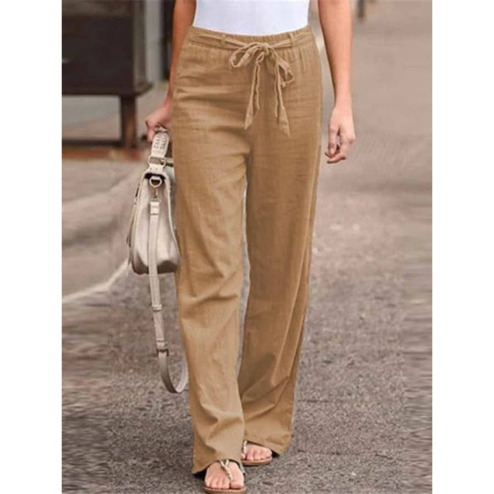 Linen Wide Leg Palazzo Trousers Drawstring Waist - Light Brown