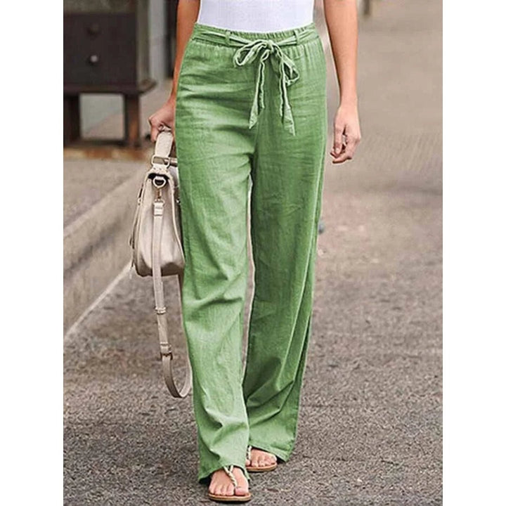 Linen Wide Leg Palazzo Trousers Drawstring Waist - Green