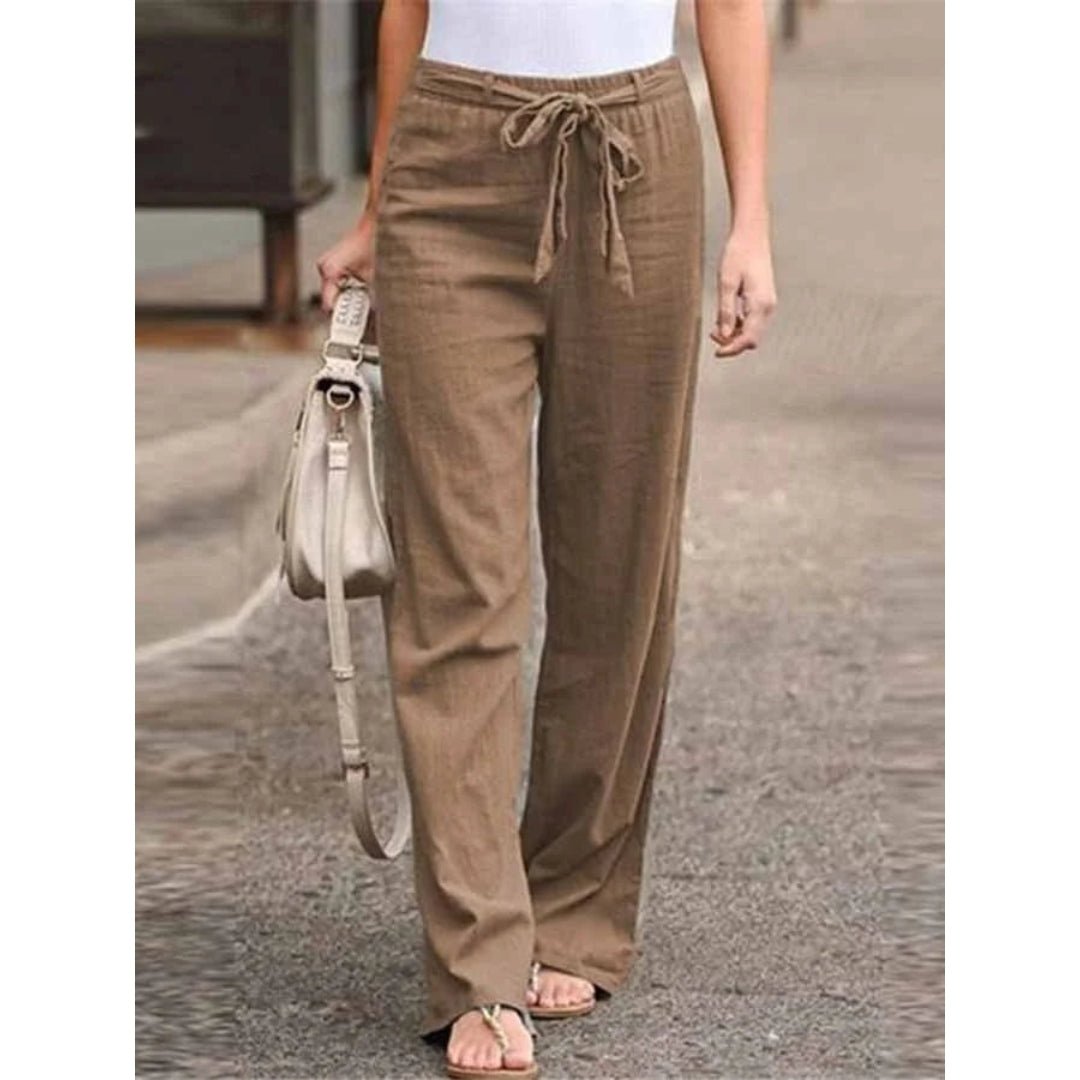 Linen Wide Leg Palazzo Trousers Drawstring Waist - Brown