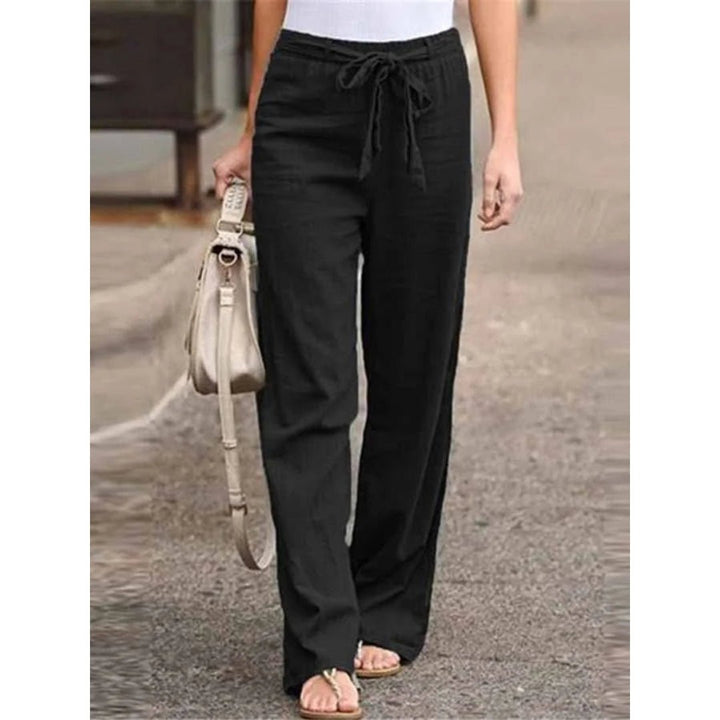 Linen Wide Leg Palazzo Trousers Drawstring Waist - Black